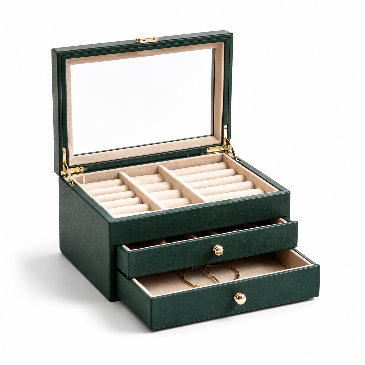 Emerald Green 3-Tier Glass Top Jewelry Organizer