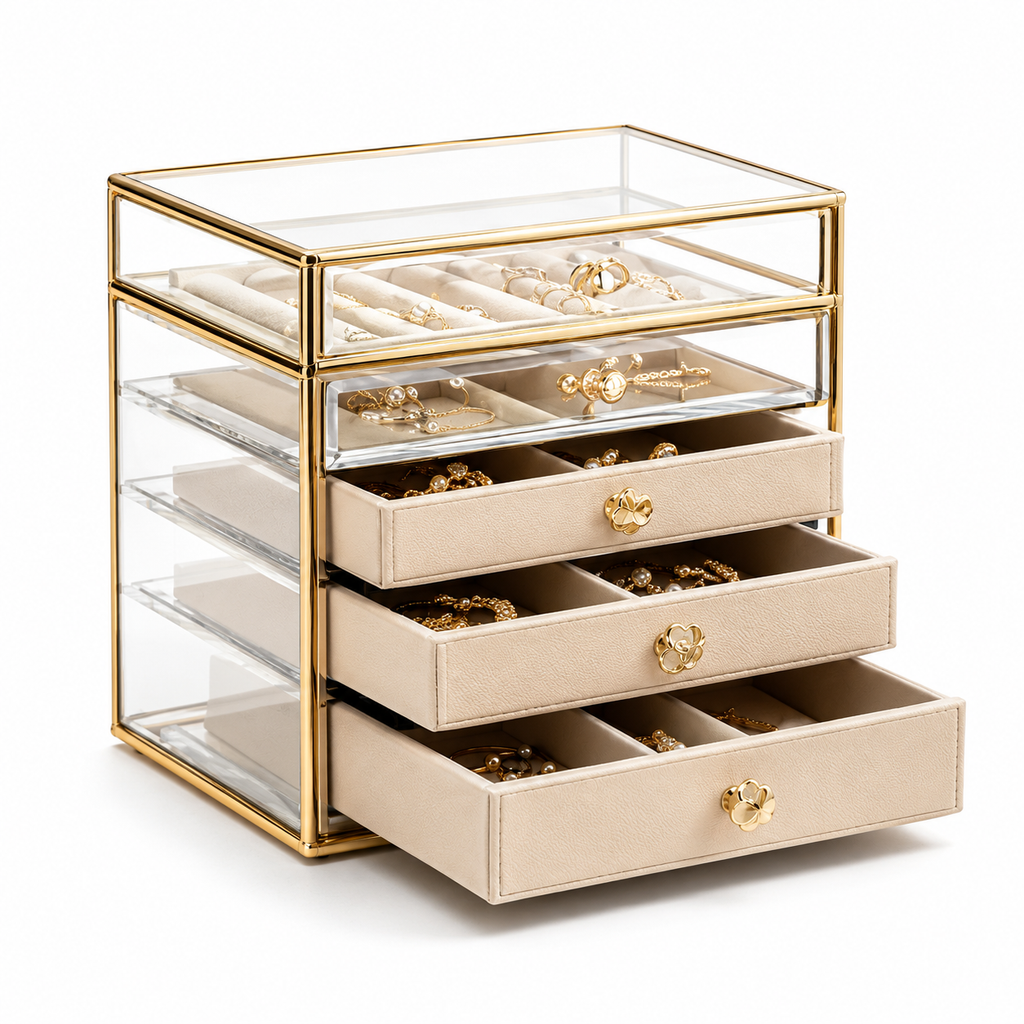 Gold Frame Clear Glass 4-Tier Jewelry Organizer