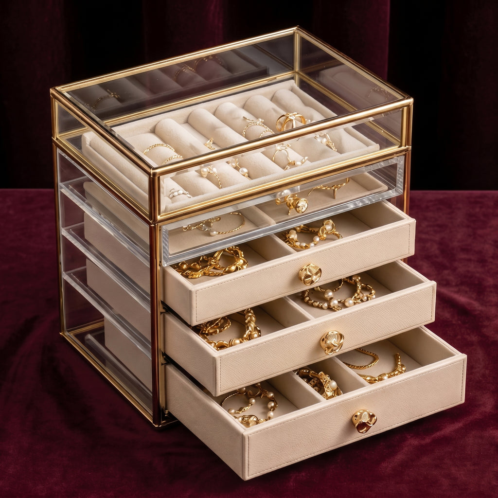 Gold Frame Clear Glass 4-Tier Jewelry Organizer