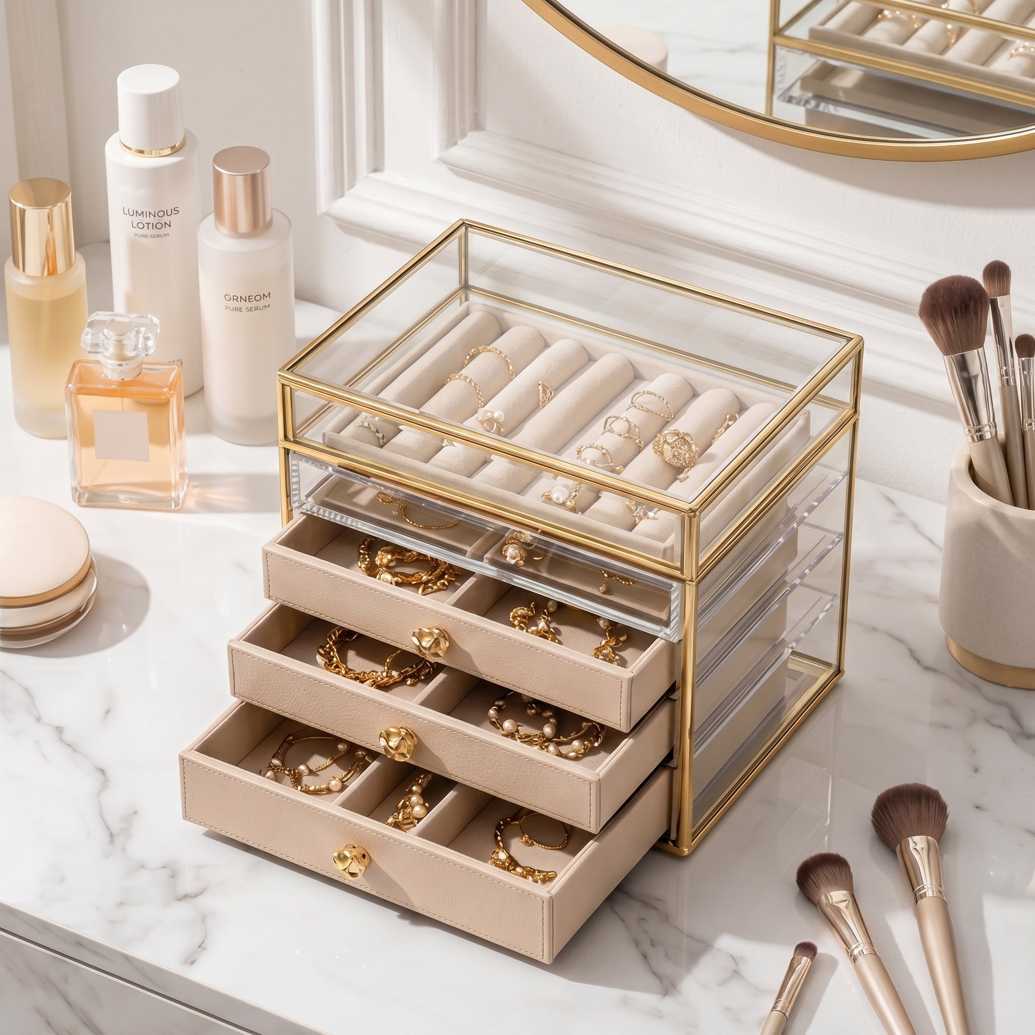 Gold Frame Clear Glass 4-Tier Jewelry Organizer