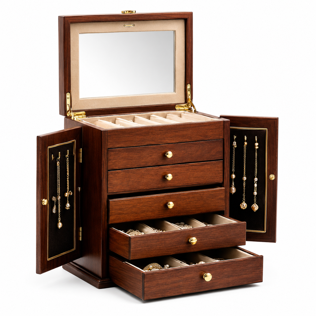 Large Dark Walnut Wood Jewelry Armoire with Mirror