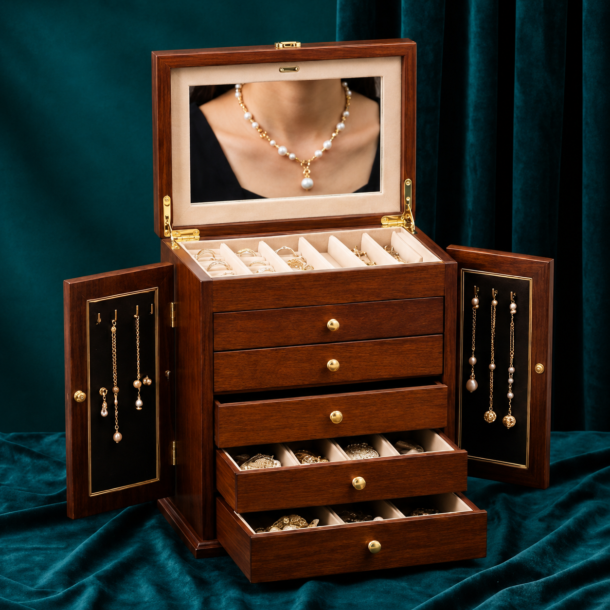Large Dark Walnut Wood Jewelry Armoire with Mirror