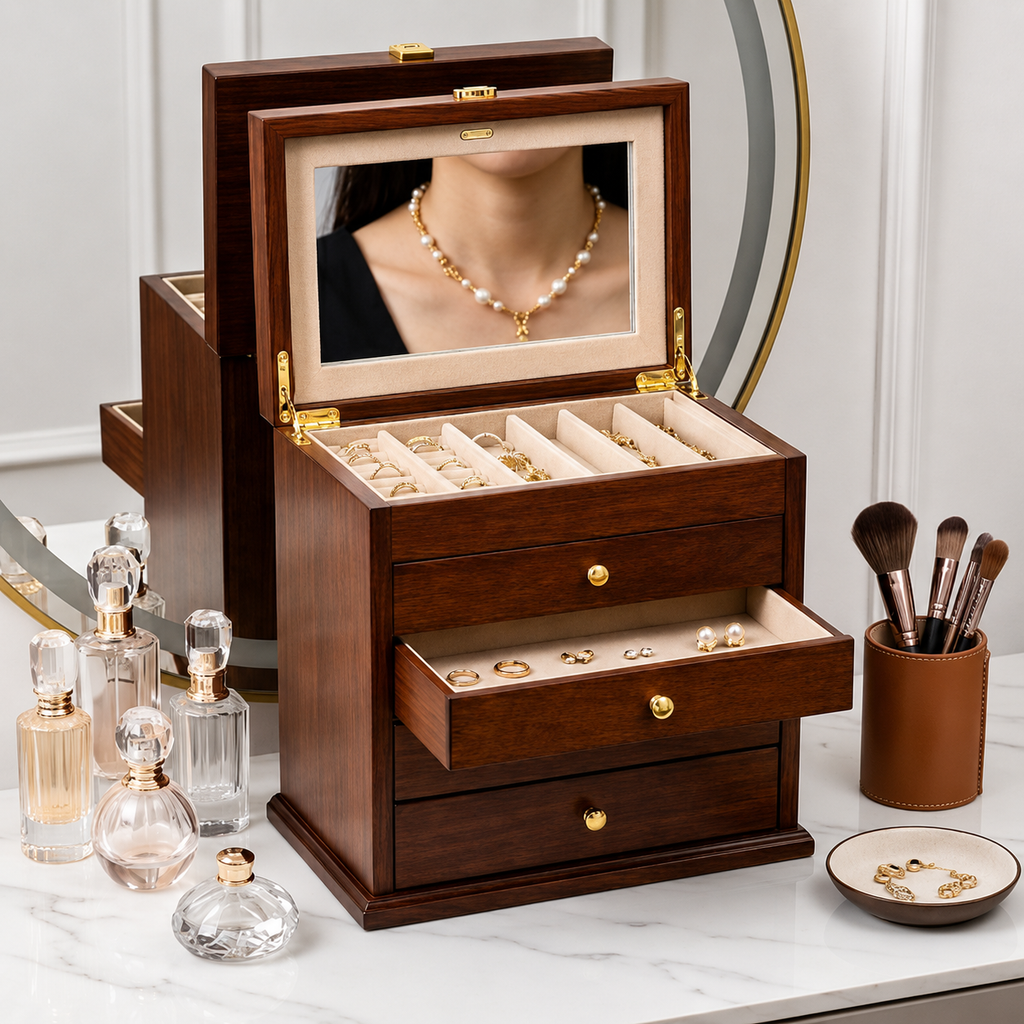Large Dark Walnut Wood Jewelry Armoire with Mirror
