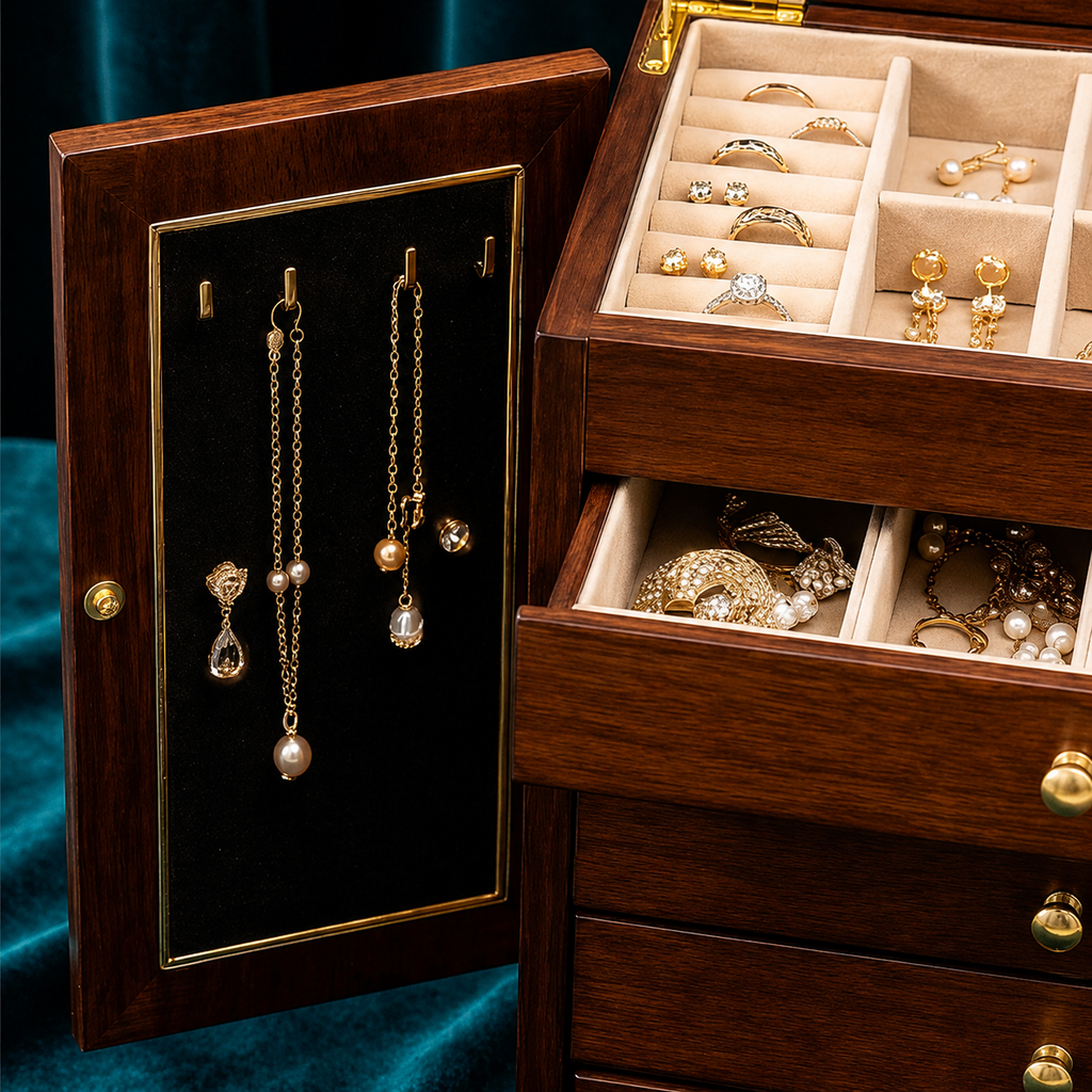 Large Dark Walnut Wood Jewelry Armoire with Mirror