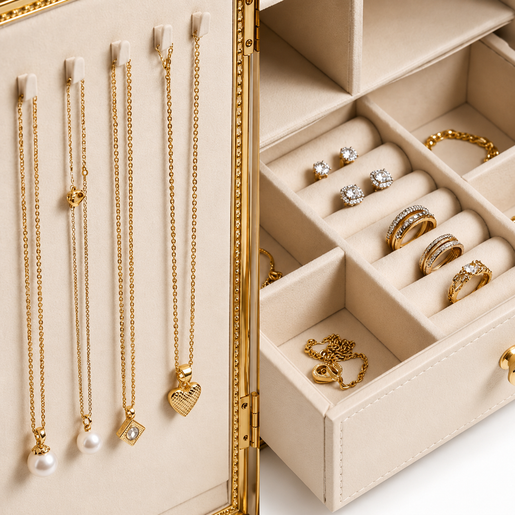 Cream and Gold Cabinet-Style Jewelry Armoire