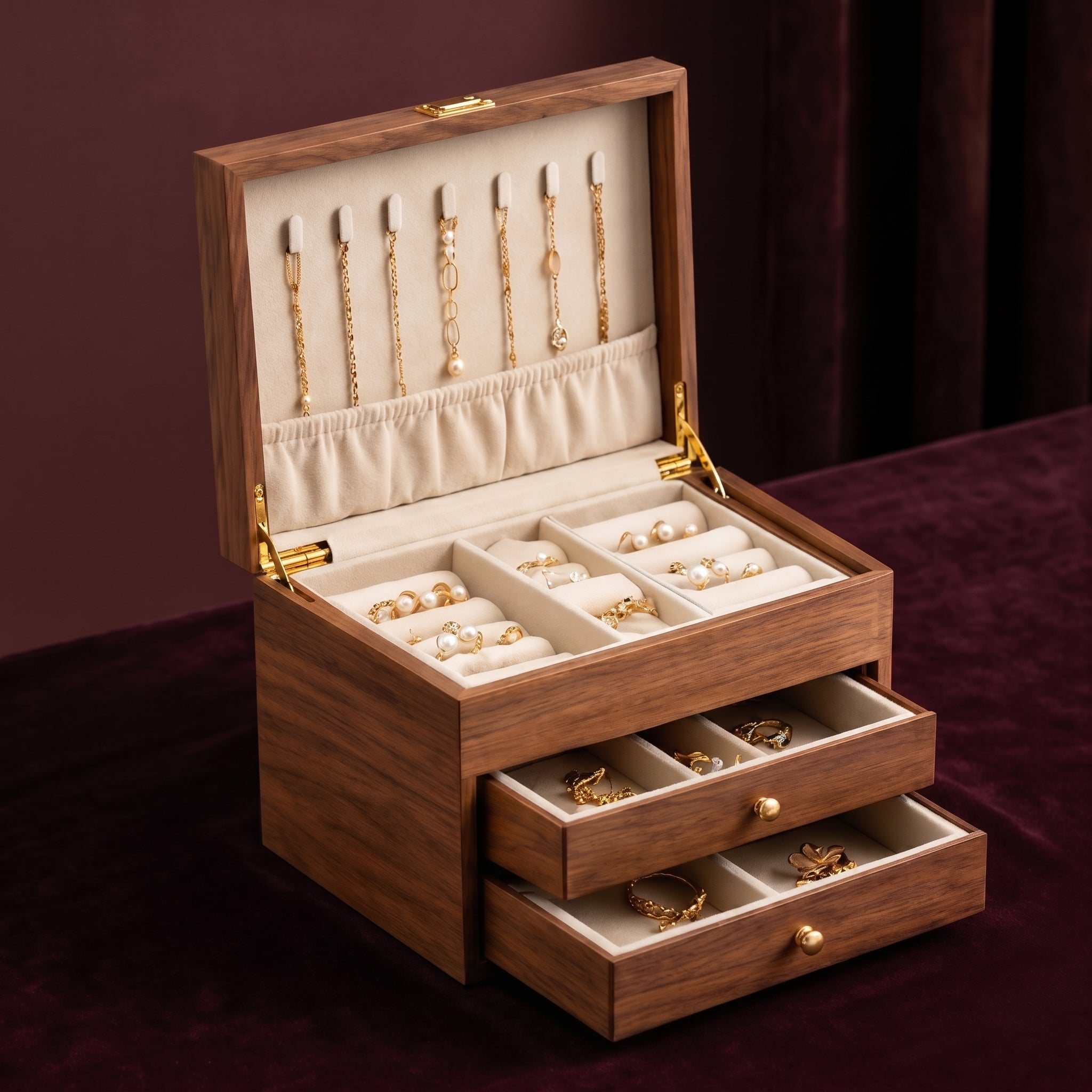 Warm Walnut Wood 3-Tier Jewelry Organizer