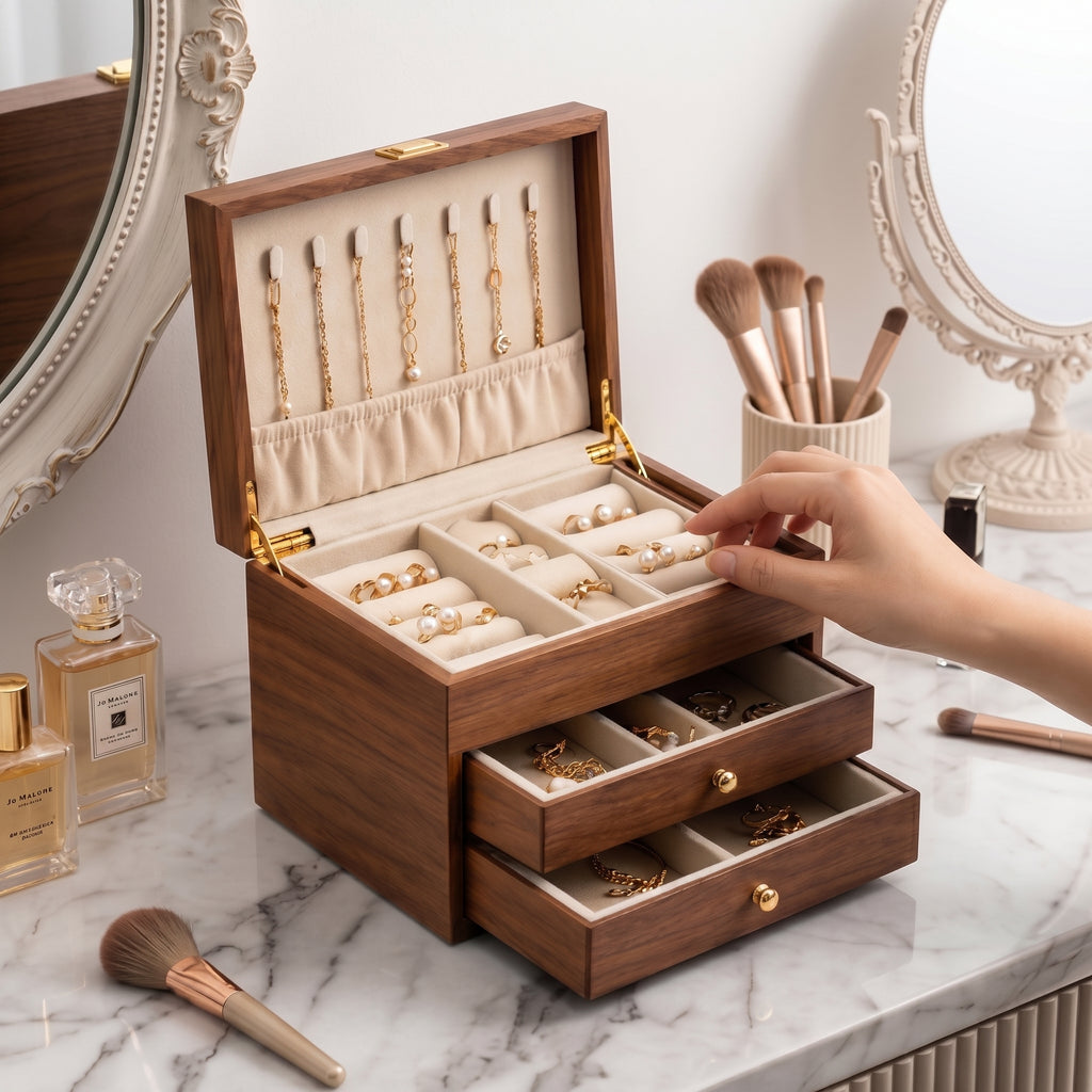 Warm Walnut Wood 3-Tier Jewelry Organizer