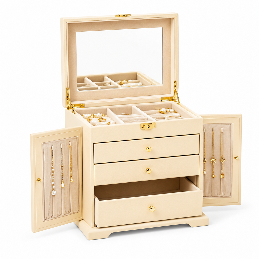 Large Cream Vegan Leather Jewelry Armoire with Mirror