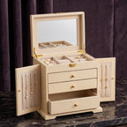 Large Cream Vegan Leather Jewelry Armoire with Mirror