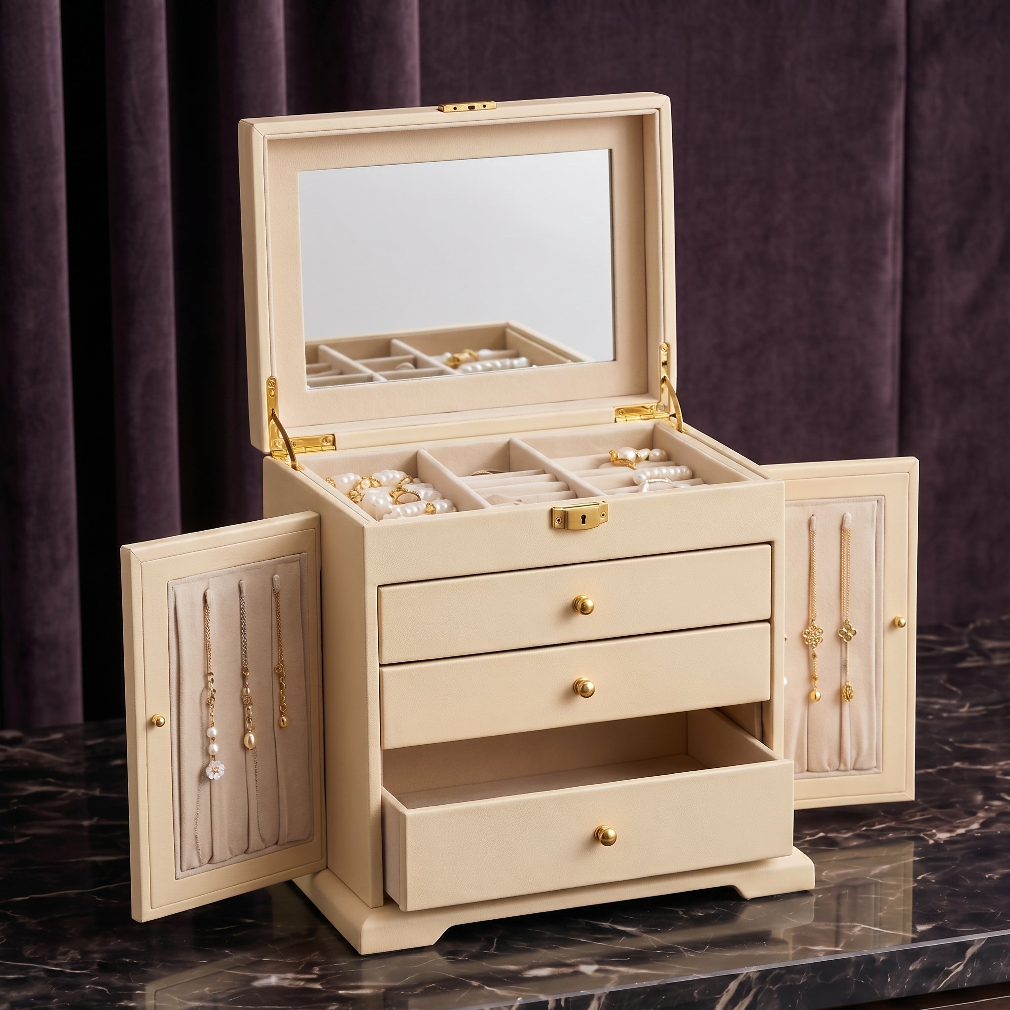 Large Cream Vegan Leather Jewelry Armoire with Mirror