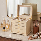 Large Cream Vegan Leather Jewelry Armoire with Mirror