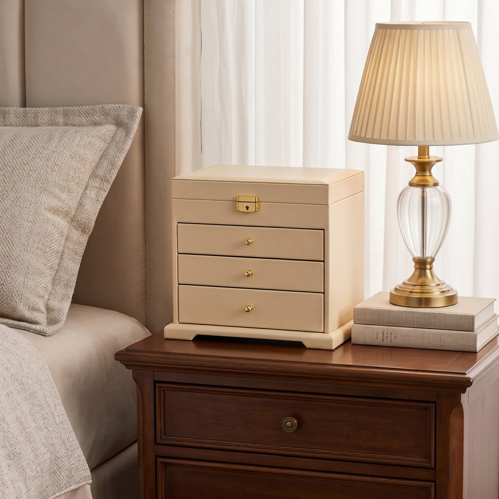 Large Cream Vegan Leather Jewelry Armoire with Mirror