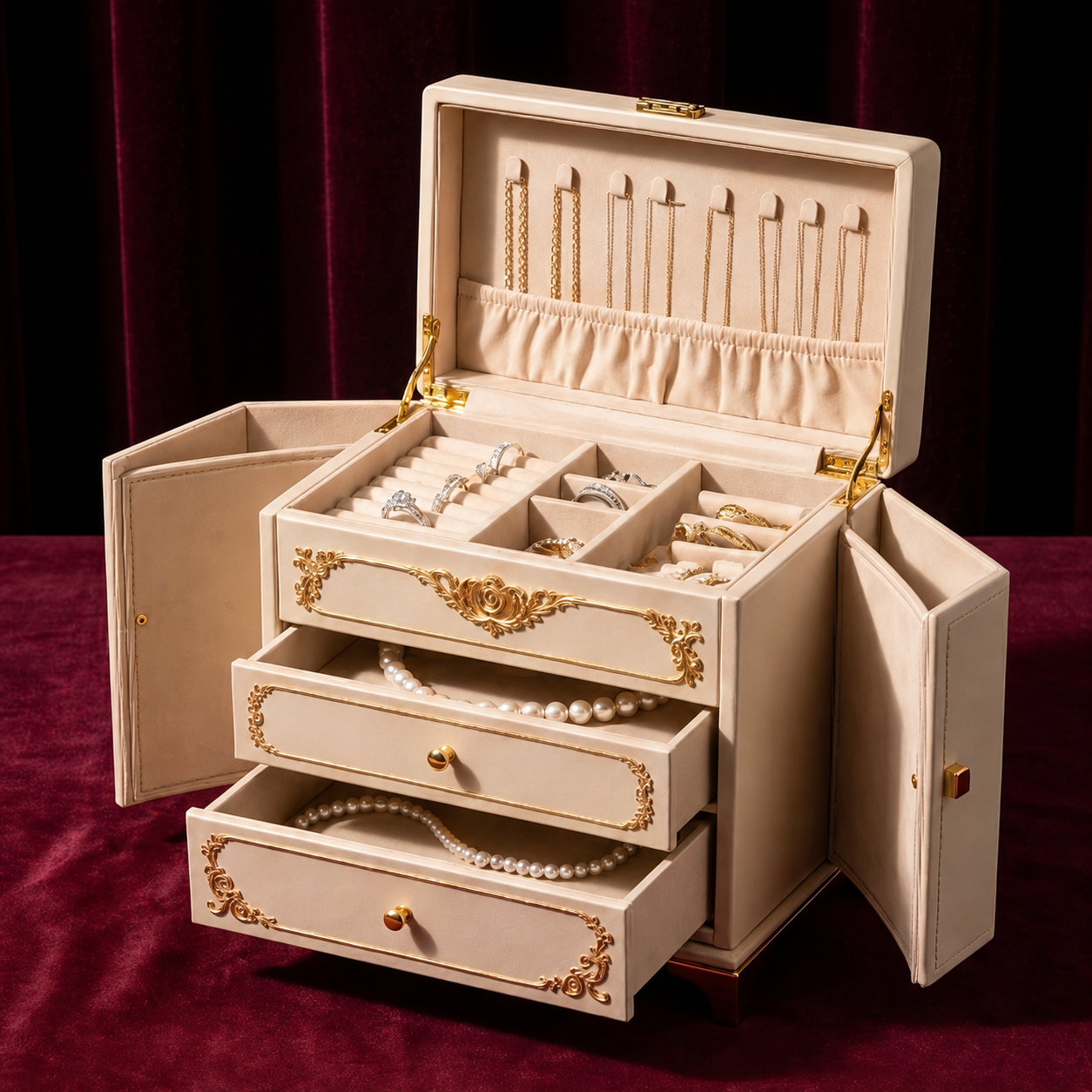 Ornate Cream and Gold Vintage-Style Jewelry Armoire