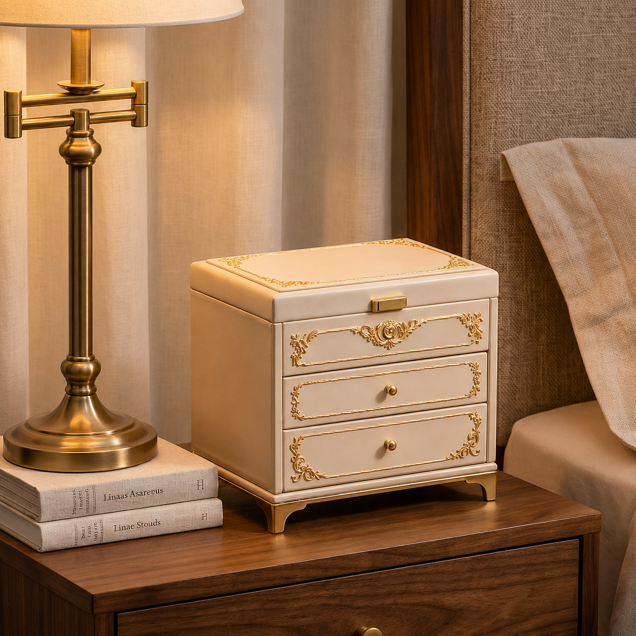 Ornate Cream and Gold Vintage-Style Jewelry Armoire