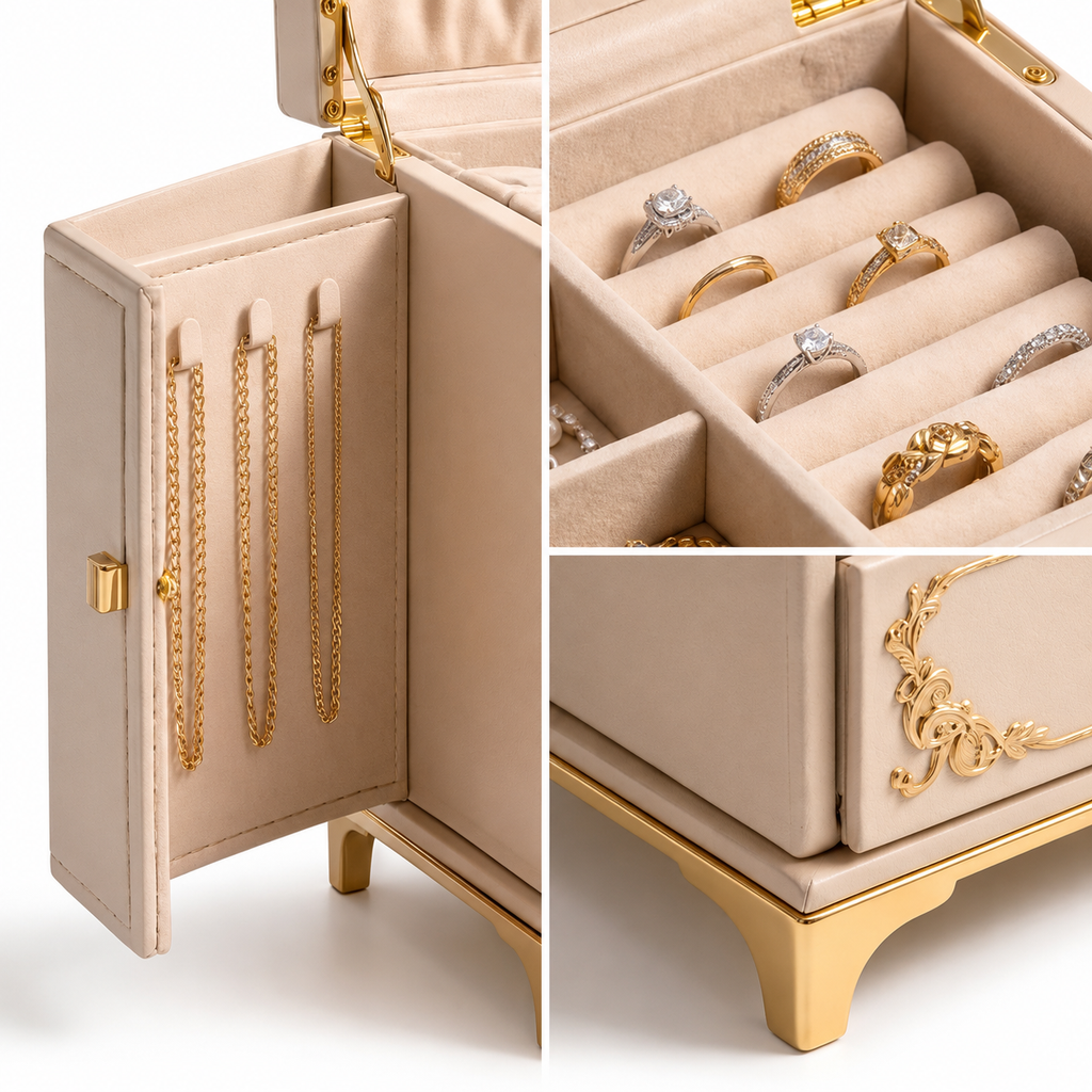 Ornate Cream and Gold Vintage-Style Jewelry Armoire
