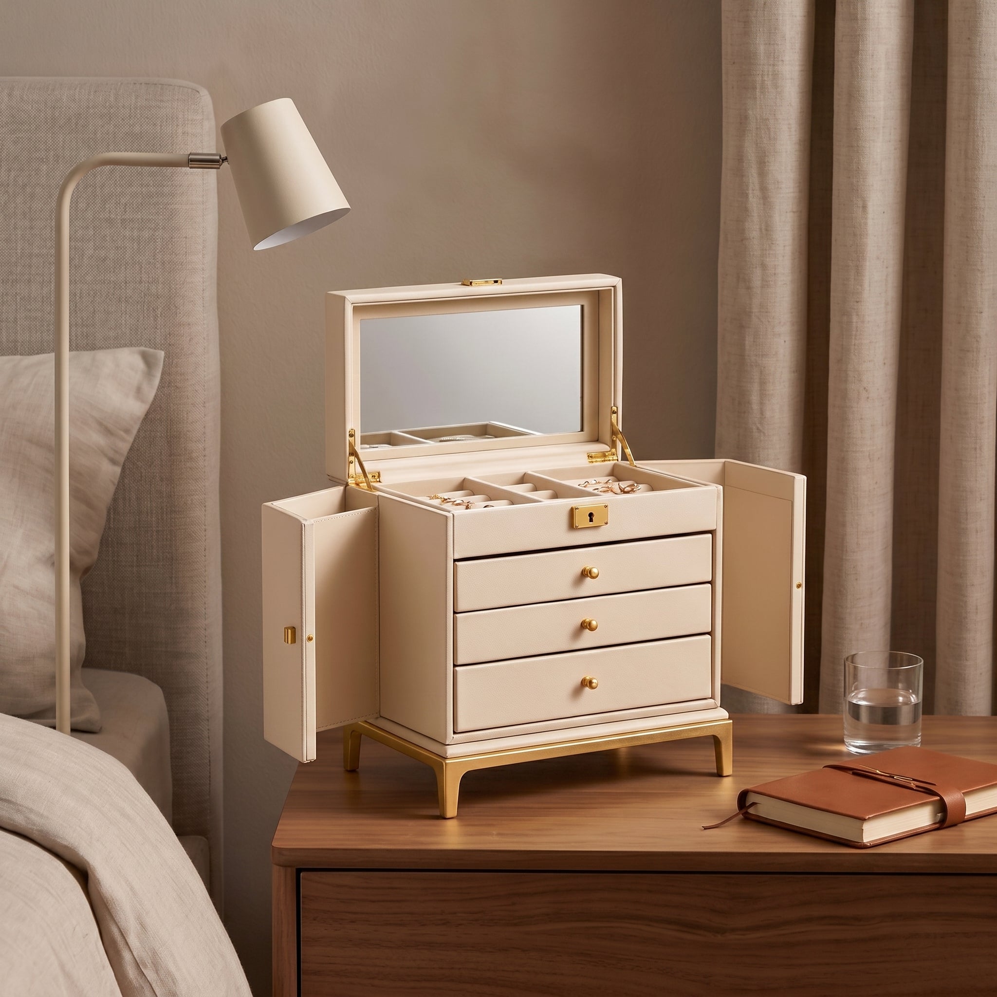 Elegant Cream and Gold Elevated Jewelry Armoire