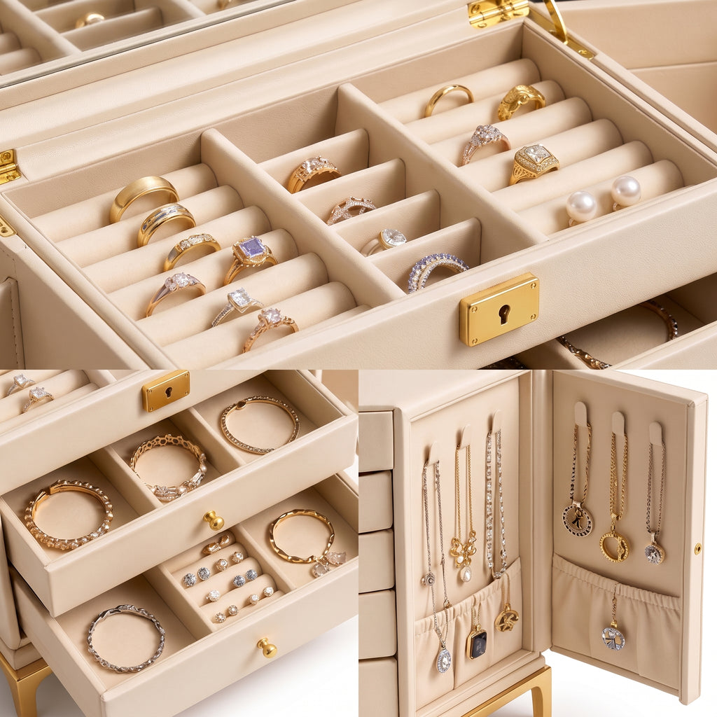 Elegant Cream and Gold Elevated Jewelry Armoire